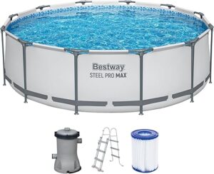 Bestway Steel Pro Max Frame Kit de Piscine avec Pompe à Filtre Ø 366 x 100 cm Gris Clair Rond