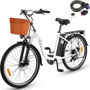 DYU Vélo Électrique,26 Pouces Vélo Électrique avec Dérailleur Shimano 6 Vitesses,36V 12,5Ah Batterie Amovible,Smart Urban E-Bike avec Panier,Pédalage Assisté,Hauteur...