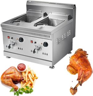 Friteuse à Gaz Propane, Commerciale Gaz Propane Friteuse Réservoir Amovible, en Acier Inoxydable avec Panier à Rôtir, Petite Friteuse pour Poulet, Snacks Maison,Double