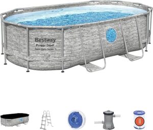 Piscine BESTWAY hors sol Power Steel™ SwimVista ovale motif rotin avec hublots 427 x 250 x 100 cm