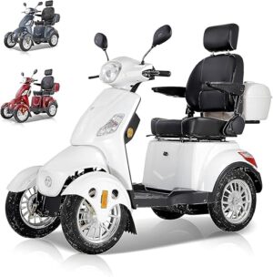Scooter électrique à 4 roues avec 3 vitesses, grand espace de stockage, tête et accoudoirs réglables et dossier. Convient pour différents terrains avec phares, feux arrière et...